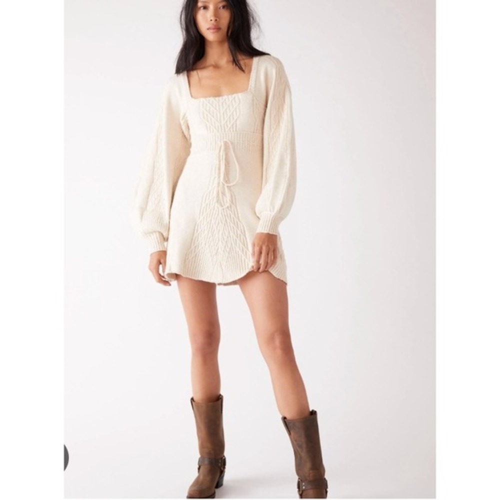 Free People Emmaline Ivory Cable Knit Open Back Mini Sweater Dress‎